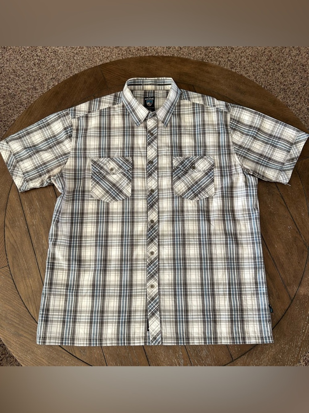 KUHL Men Shirt Suncel Button Front Grey Blue Plaid Short Sleeve Hiking Travel XL